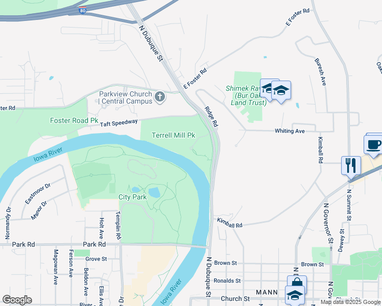 map of restaurants, bars, coffee shops, grocery stores, and more near 5 Taft Speedway St in Iowa City
