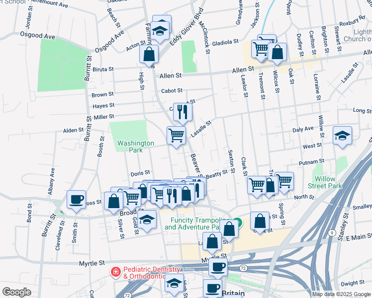 map of restaurants, bars, coffee shops, grocery stores, and more near 335 Washington Street in New Britain