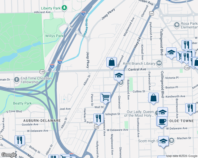 map of restaurants, bars, coffee shops, grocery stores, and more near 3008 Lawrence Avenue in Toledo