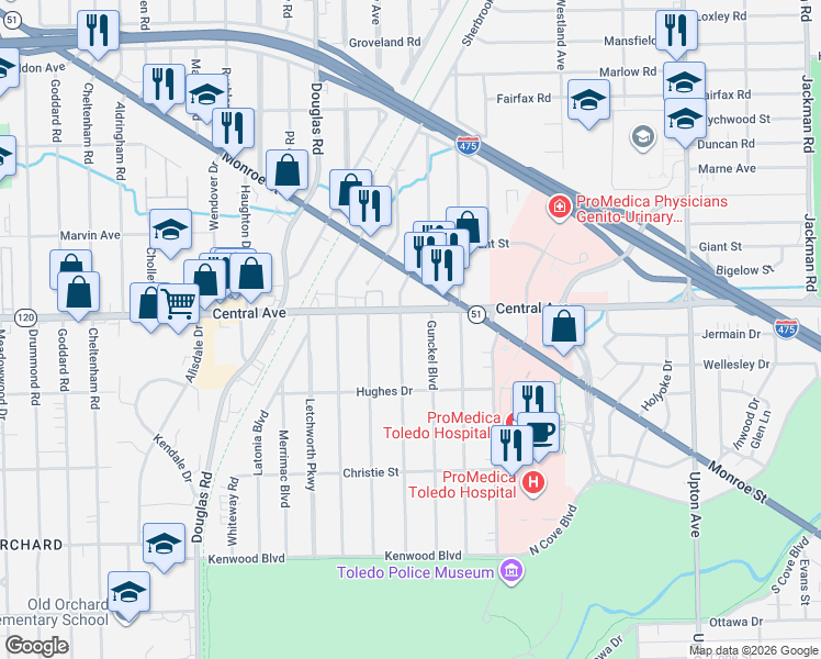 map of restaurants, bars, coffee shops, grocery stores, and more near 3037 Gunckel Boulevard in Toledo