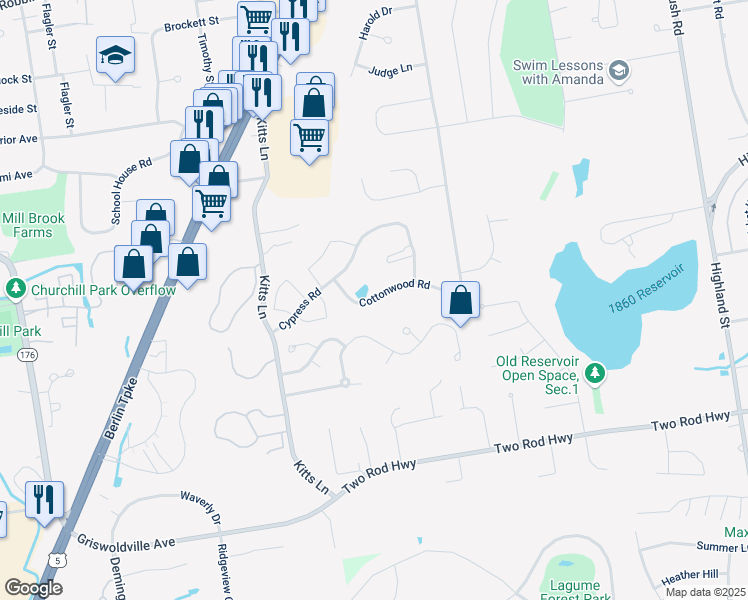 map of restaurants, bars, coffee shops, grocery stores, and more near 139 Cottonwood Road in Newington