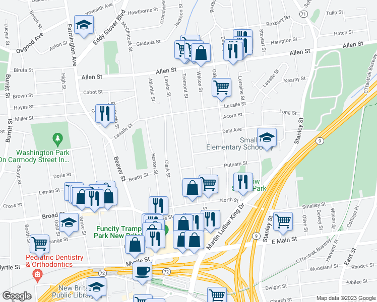 map of restaurants, bars, coffee shops, grocery stores, and more near 124 Tremont Street in New Britain