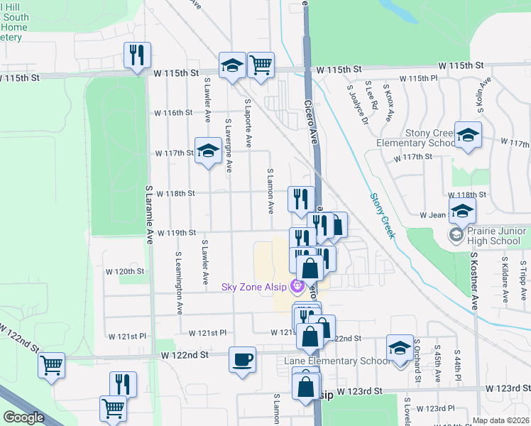 map of restaurants, bars, coffee shops, grocery stores, and more near 11817 South Laporte Avenue in Alsip