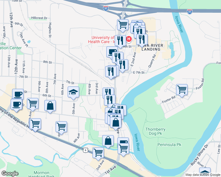 map of restaurants, bars, coffee shops, grocery stores, and more near 607 1st Avenue in Coralville
