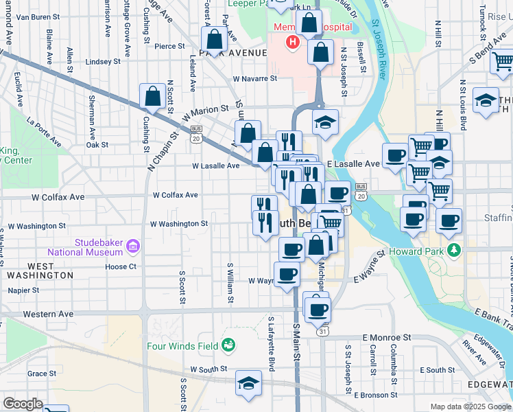 map of restaurants, bars, coffee shops, grocery stores, and more near 115 St James Ct in South Bend
