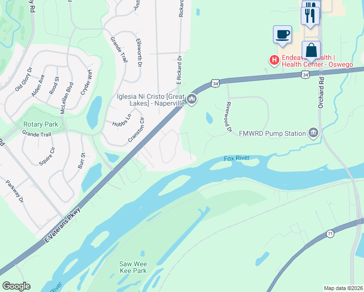 map of restaurants, bars, coffee shops, grocery stores, and more near 27 Lyncliff Drive in Oswego