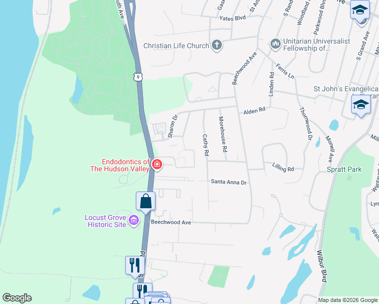 map of restaurants, bars, coffee shops, grocery stores, and more near 2740 South Road in Poughkeepsie