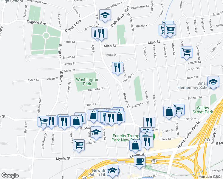 map of restaurants, bars, coffee shops, grocery stores, and more near 339 High Street in New Britain