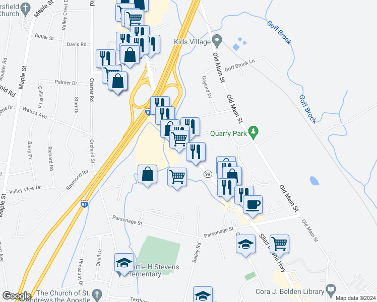 map of restaurants, bars, coffee shops, grocery stores, and more near in Rocky Hill