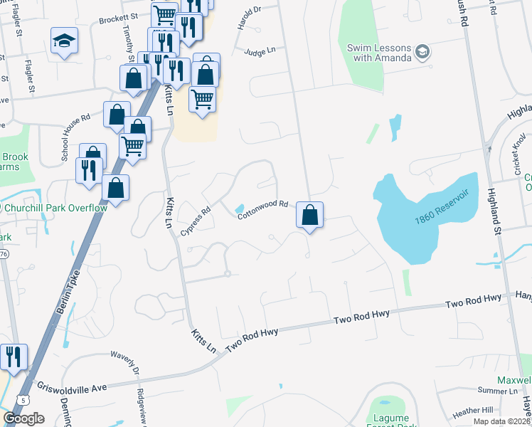 map of restaurants, bars, coffee shops, grocery stores, and more near 139 Cottonwood Road in Newington