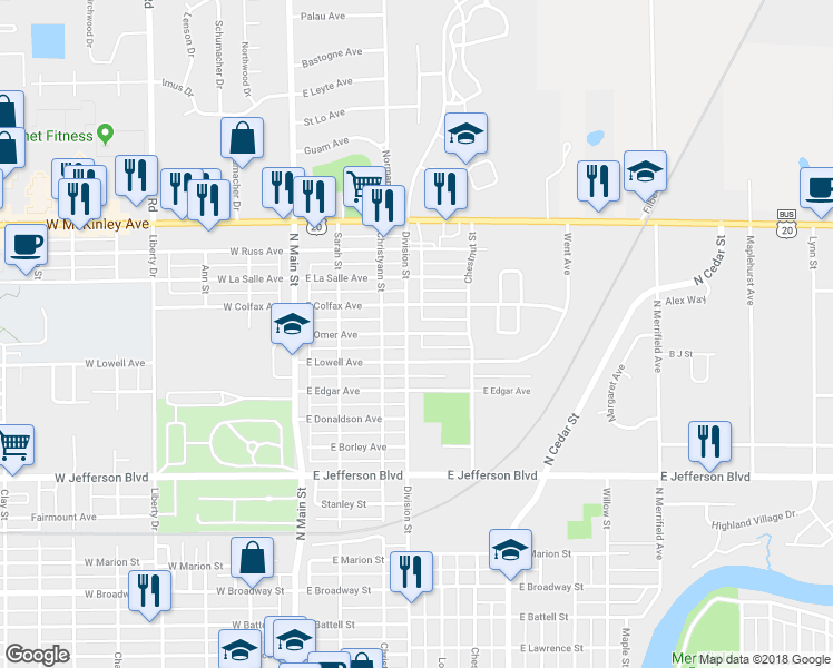 map of restaurants, bars, coffee shops, grocery stores, and more near 419 East Omer Avenue in Mishawaka
