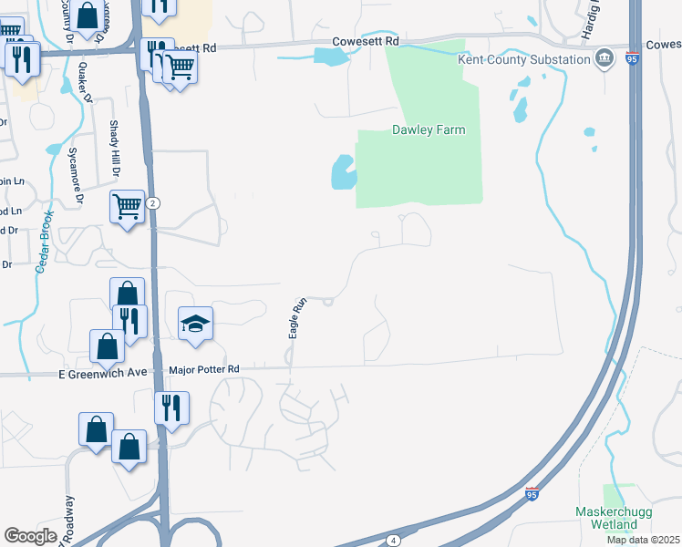 map of restaurants, bars, coffee shops, grocery stores, and more near 16A Eagle Run in East Greenwich