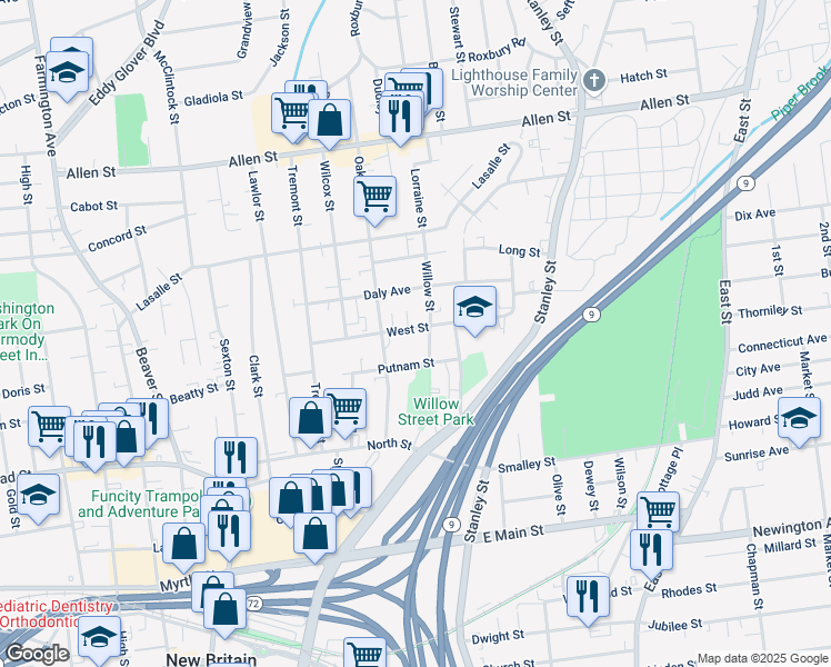 map of restaurants, bars, coffee shops, grocery stores, and more near 108 West Street in New Britain