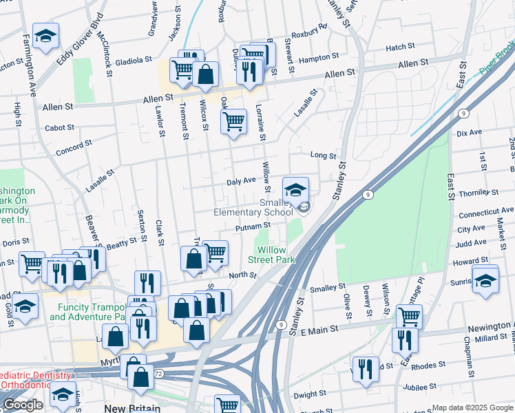 map of restaurants, bars, coffee shops, grocery stores, and more near 108 West Street in New Britain