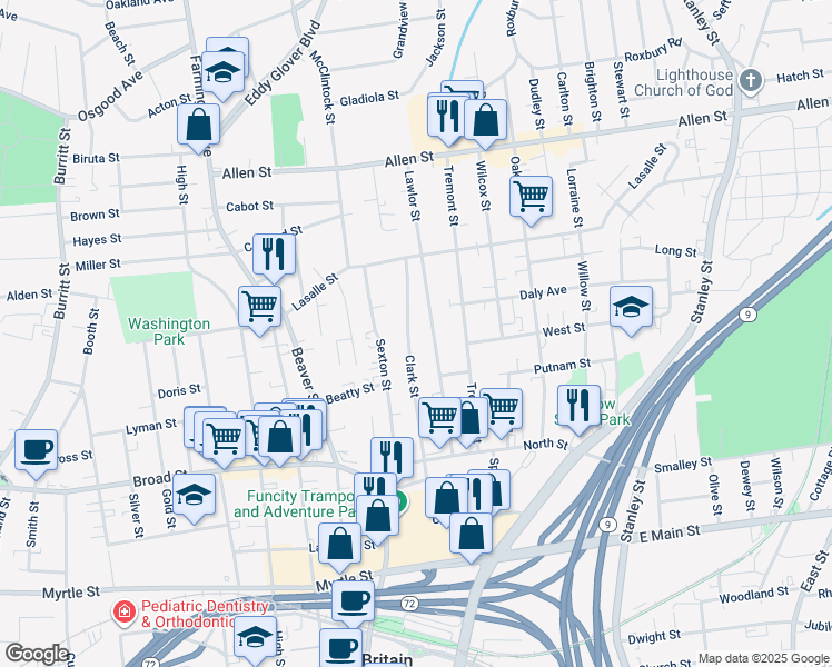 map of restaurants, bars, coffee shops, grocery stores, and more near 201 Clark Street in New Britain
