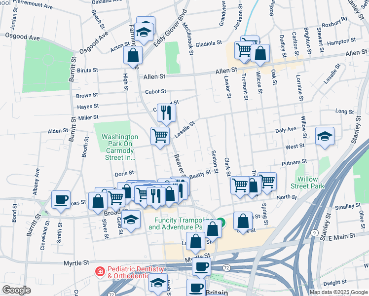 map of restaurants, bars, coffee shops, grocery stores, and more near 231 Beaver Street in New Britain
