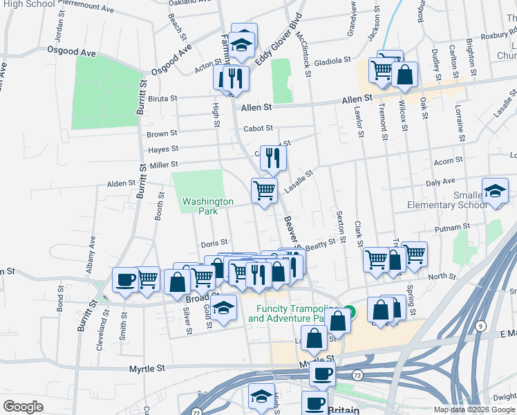 map of restaurants, bars, coffee shops, grocery stores, and more near 352 Washington Street in New Britain
