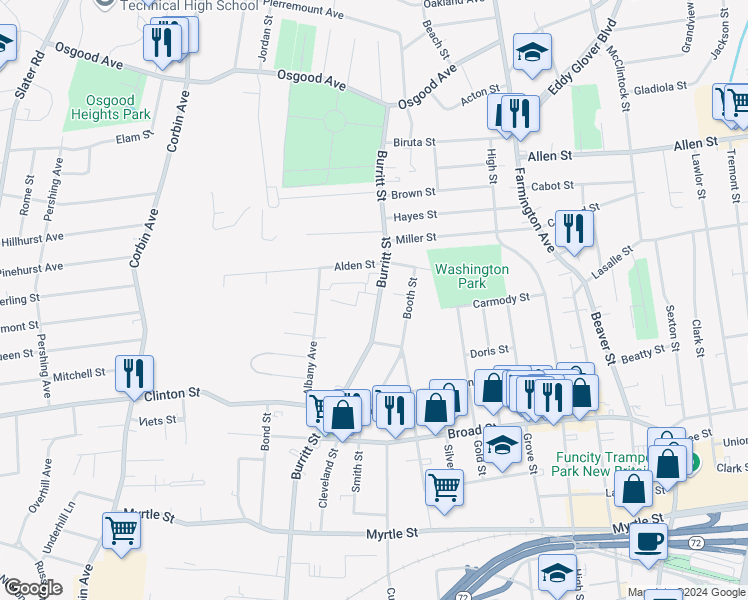 map of restaurants, bars, coffee shops, grocery stores, and more near 471 Burritt Street in New Britain