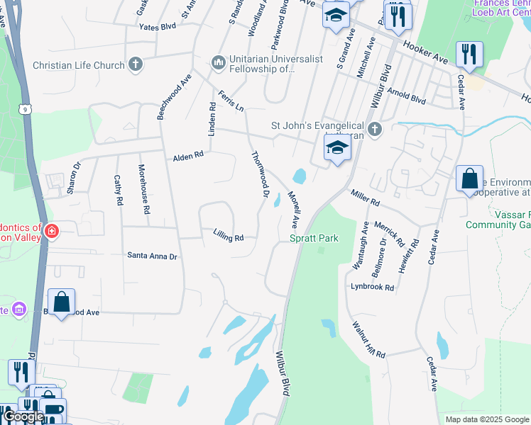 map of restaurants, bars, coffee shops, grocery stores, and more near 32 Thornwood Drive in Poughkeepsie