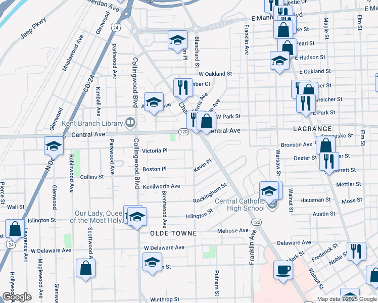 map of restaurants, bars, coffee shops, grocery stores, and more near 318 Victoria Place in Toledo