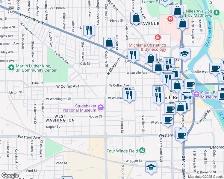 map of restaurants, bars, coffee shops, grocery stores, and more near 724-728 West Colfax Avenue in South Bend