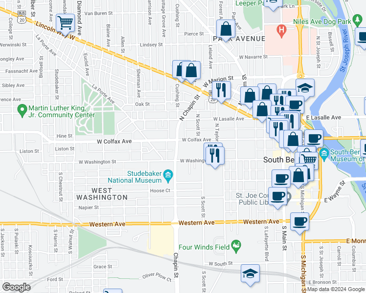map of restaurants, bars, coffee shops, grocery stores, and more near 724-728 West Colfax Avenue in South Bend