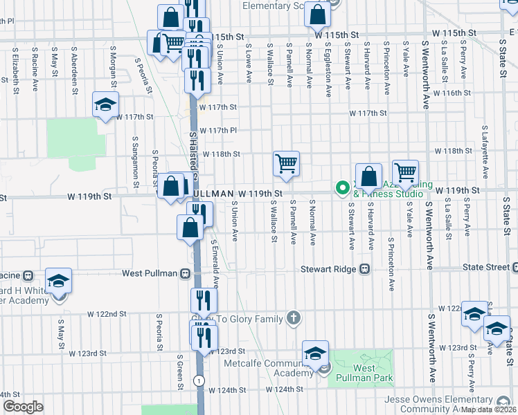 map of restaurants, bars, coffee shops, grocery stores, and more near 11914 South Wallace Street in Chicago