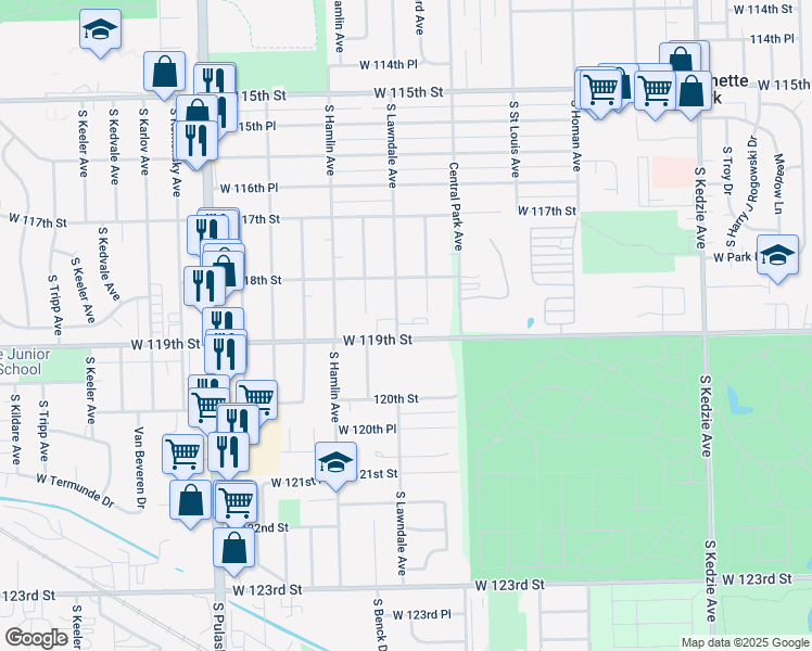 map of restaurants, bars, coffee shops, grocery stores, and more near 11834 South Lawndale Avenue in Chicago