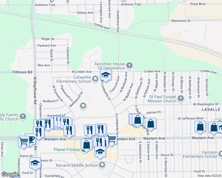 map of restaurants, bars, coffee shops, grocery stores, and more near 169 Concord Avenue in South Bend