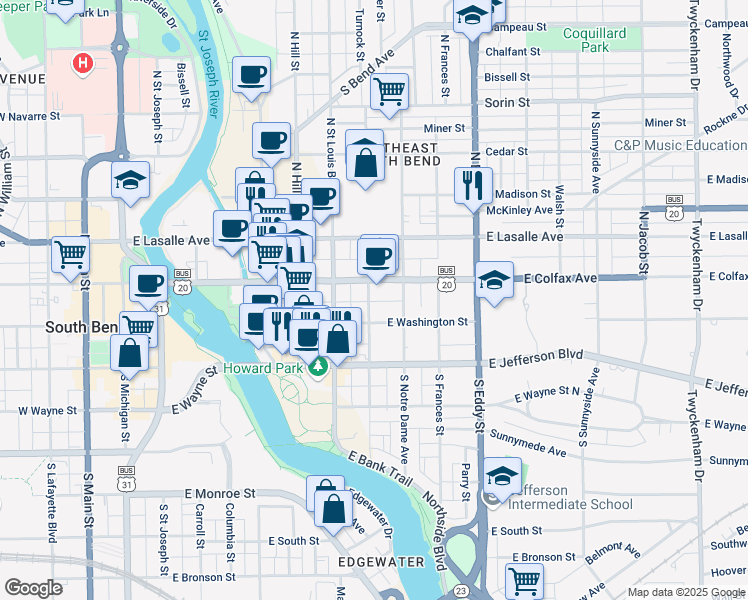 map of restaurants, bars, coffee shops, grocery stores, and more near 122 North Saint Peter Street in South Bend