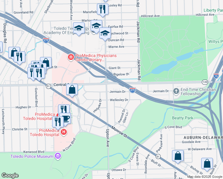 map of restaurants, bars, coffee shops, grocery stores, and more near 3014 Upton Avenue in Toledo