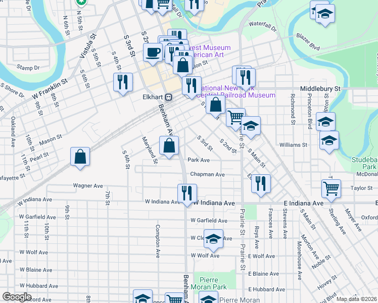 map of restaurants, bars, coffee shops, grocery stores, and more near 1012 McKinley Avenue in Elkhart