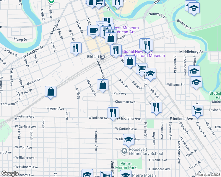 map of restaurants, bars, coffee shops, grocery stores, and more near 1001 Benham Court in Elkhart