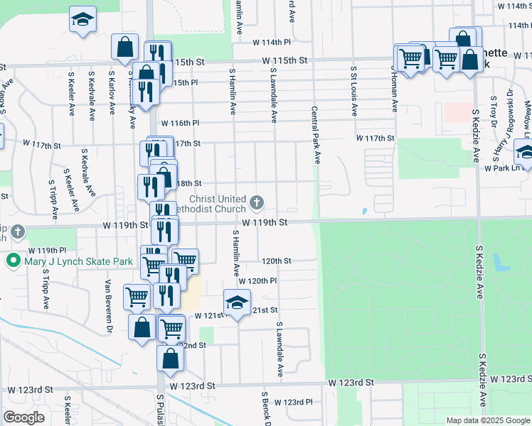 map of restaurants, bars, coffee shops, grocery stores, and more near 11834 South Lawndale Avenue in Chicago