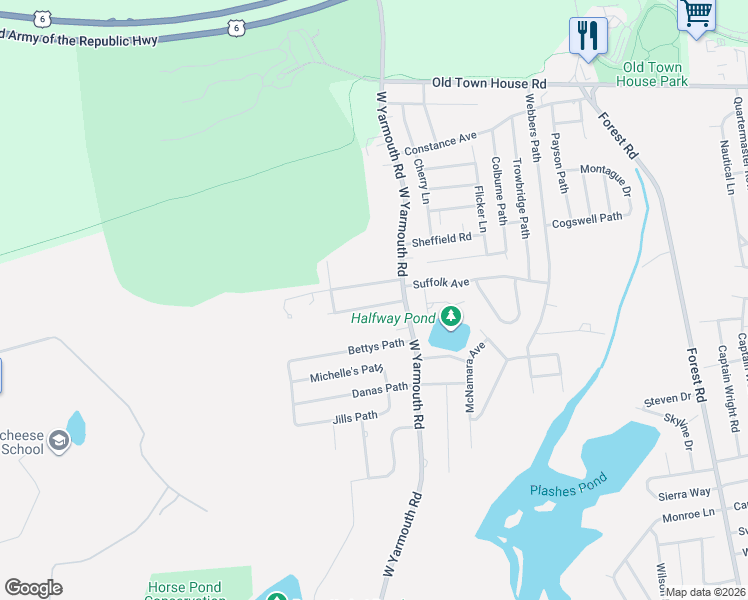 map of restaurants, bars, coffee shops, grocery stores, and more near 16 Greyhampton Road in Yarmouth