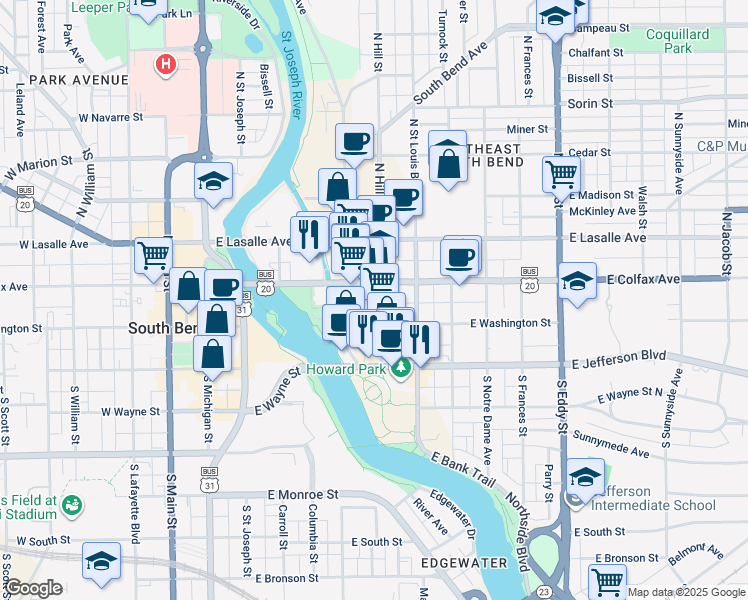 map of restaurants, bars, coffee shops, grocery stores, and more near 123 North Hill Street in South Bend