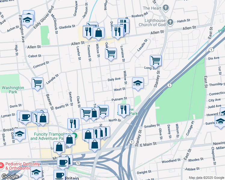 map of restaurants, bars, coffee shops, grocery stores, and more near Oak Street & West Street in New Britain