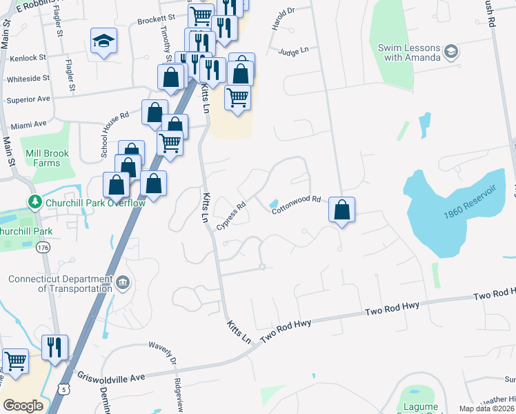 map of restaurants, bars, coffee shops, grocery stores, and more near 505 Cypress Road in Newington