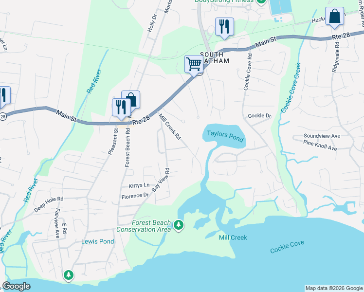 map of restaurants, bars, coffee shops, grocery stores, and more near 107 Mill Creek Road in Chatham