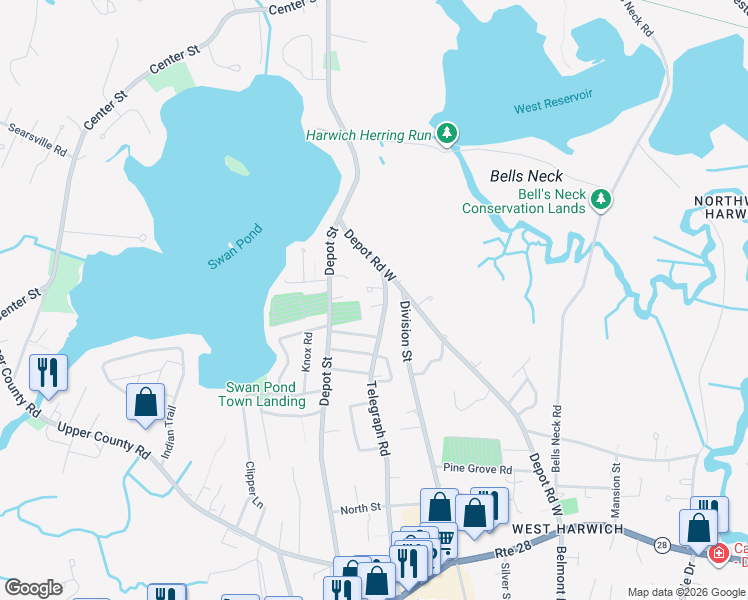 map of restaurants, bars, coffee shops, grocery stores, and more near 236A Division Street in Dennis