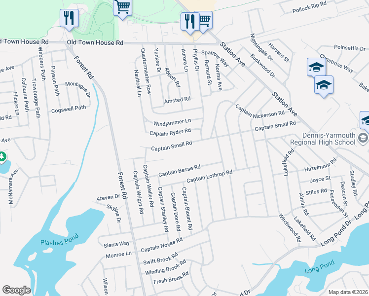 map of restaurants, bars, coffee shops, grocery stores, and more near 132 Captain Small Road in Yarmouth