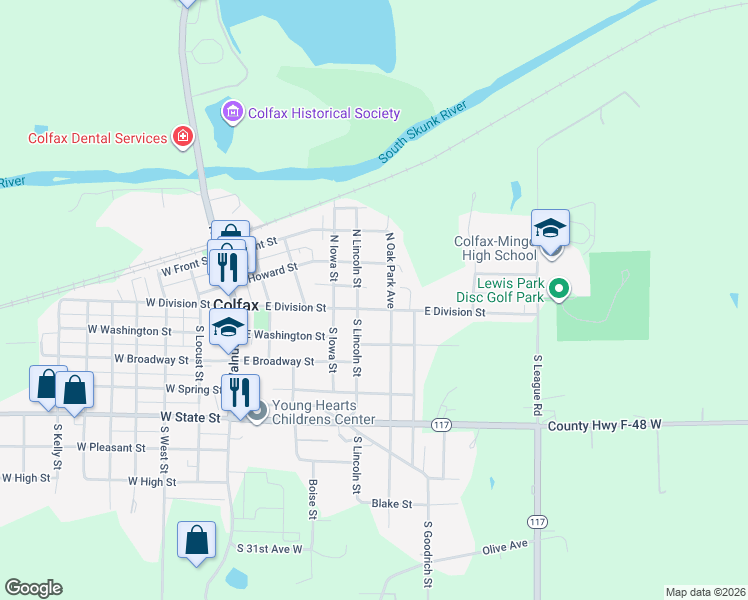 map of restaurants, bars, coffee shops, grocery stores, and more near 100 North Oak Park Avenue in Colfax