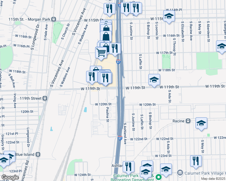 map of restaurants, bars, coffee shops, grocery stores, and more near 11900 South Marshfield Avenue in Calumet Park