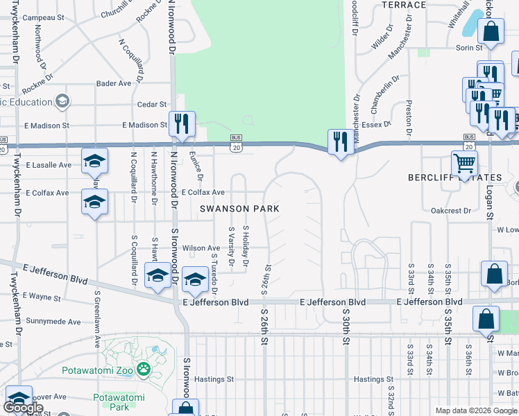 map of restaurants, bars, coffee shops, grocery stores, and more near 123 North 26th Street in South Bend