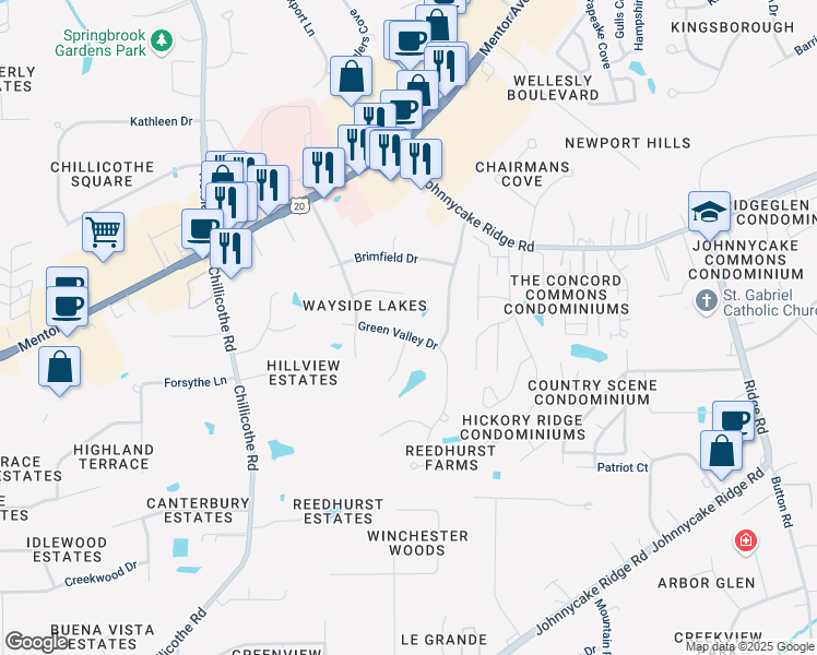 map of restaurants, bars, coffee shops, grocery stores, and more near 9605 Green Valley Drive in Mentor