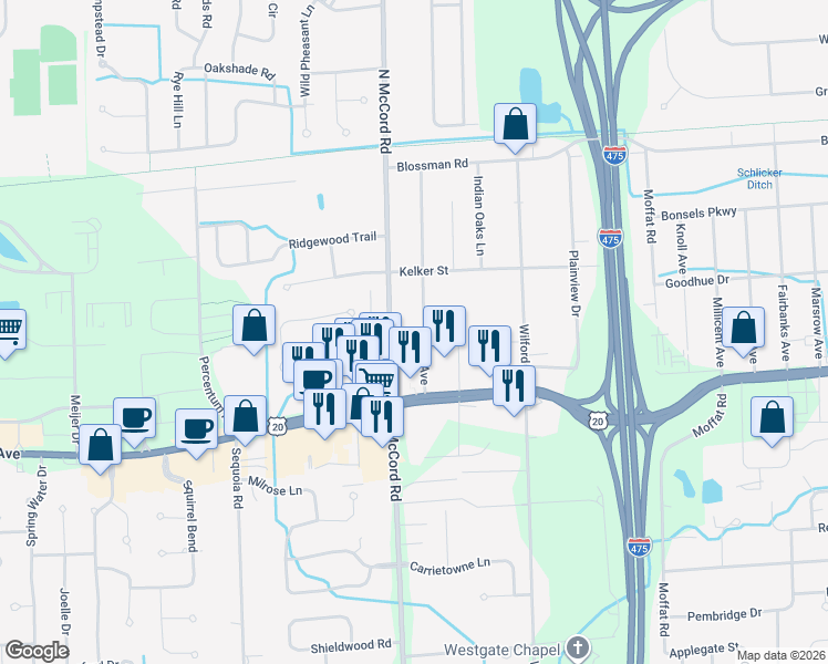 map of restaurants, bars, coffee shops, grocery stores, and more near 3222 Zone Avenue in Toledo