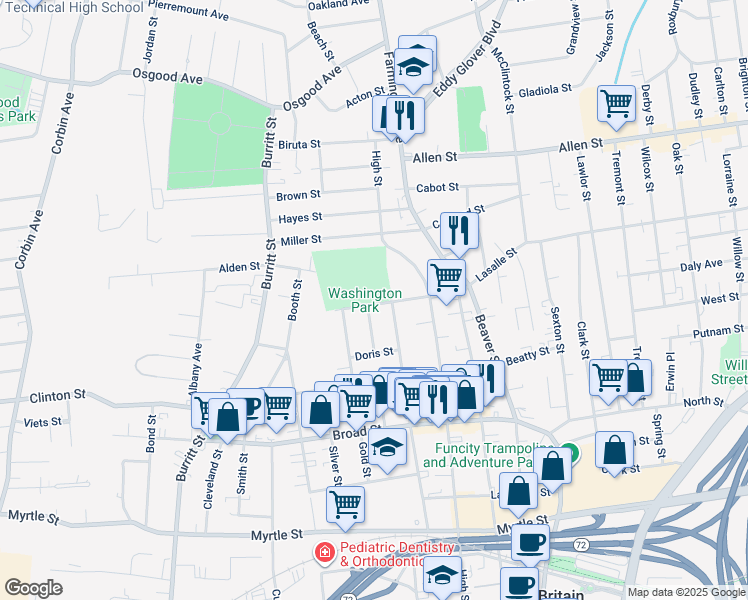 map of restaurants, bars, coffee shops, grocery stores, and more near 63 Carmody Street in New Britain