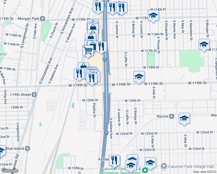 map of restaurants, bars, coffee shops, grocery stores, and more near 11900 South Ashland Avenue in Chicago