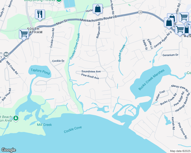 map of restaurants, bars, coffee shops, grocery stores, and more near 22 Whitman Avenue in Chatham
