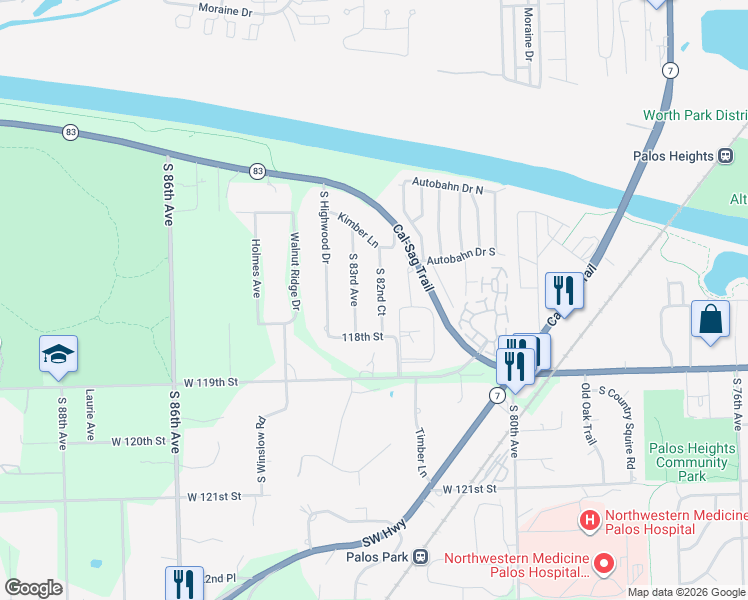 map of restaurants, bars, coffee shops, grocery stores, and more near 11728 South 82nd Court in Palos Park